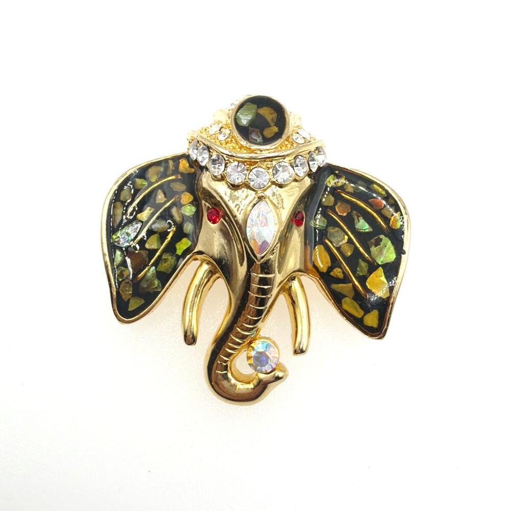 Enamel and Rhinestones Elephant Head Brooch 1.5”